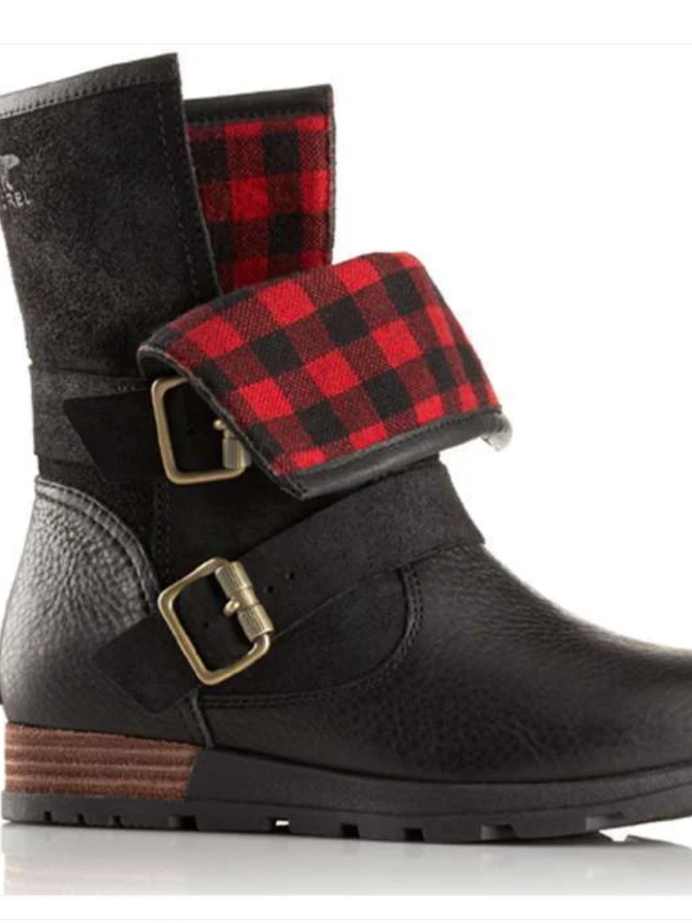 SOREL Leather Major Moto Boots w/Red Buffalo Plaid Cuff,metal detail, NL2432,sz8